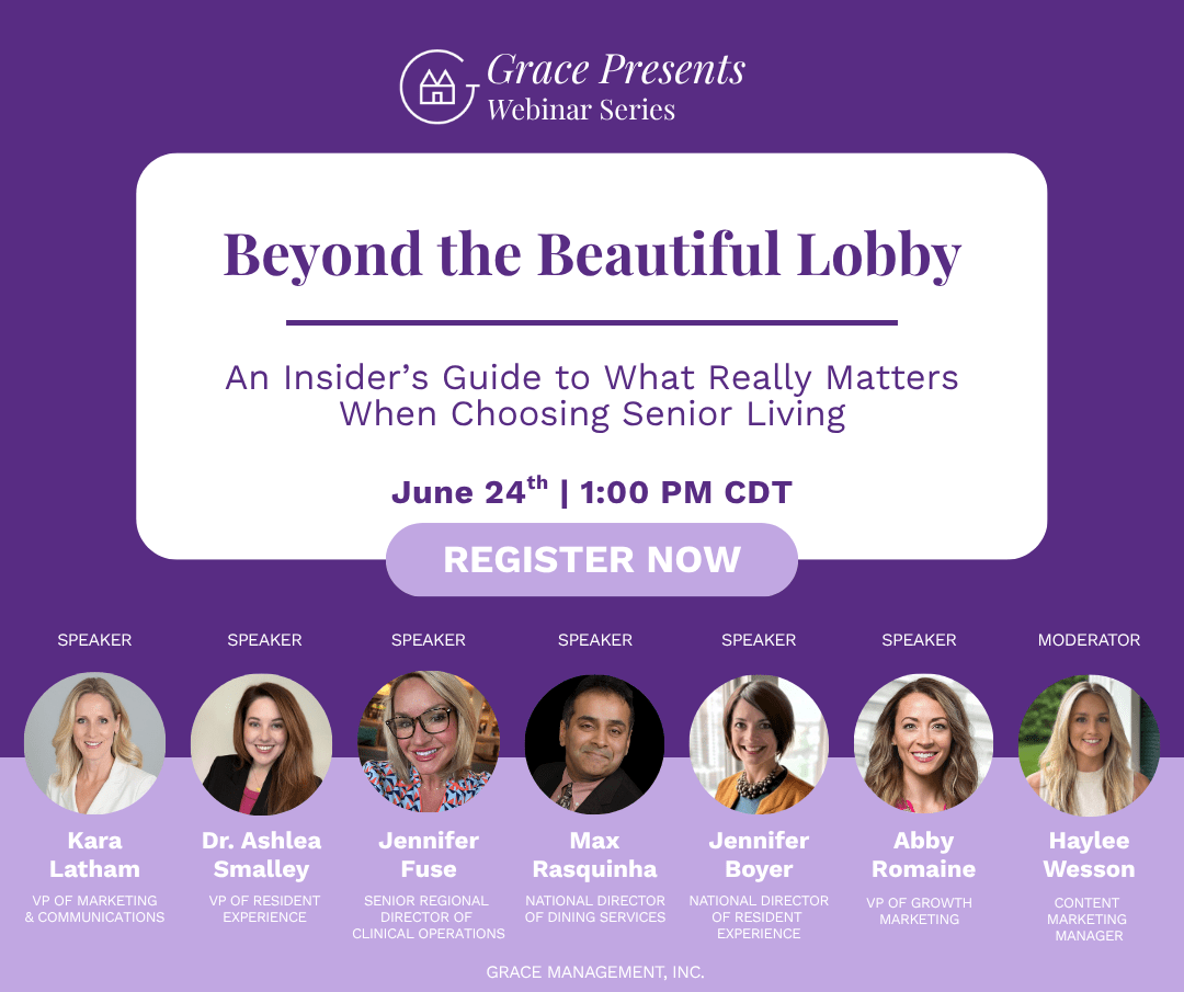 Purple webinar banner for 'Beyond the Beautiful Lobby' with date June 24 and 'REGISTER NOW' button and row of speaker headshots (Grace Presents Webinar Series).